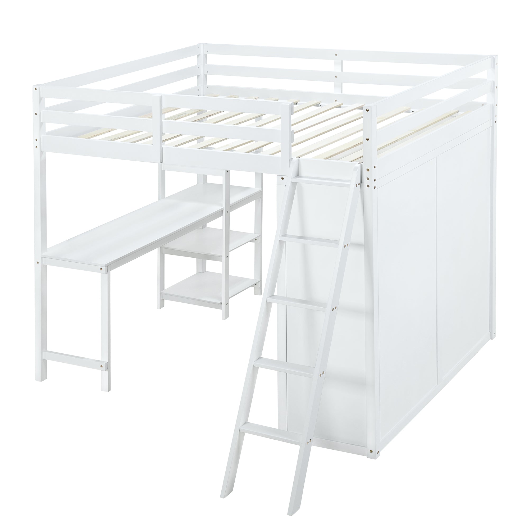 Full Size Loft Bed with Wardrobe and Desk and Shelves, White - Atlantic Fine Furniture Melbourne FL