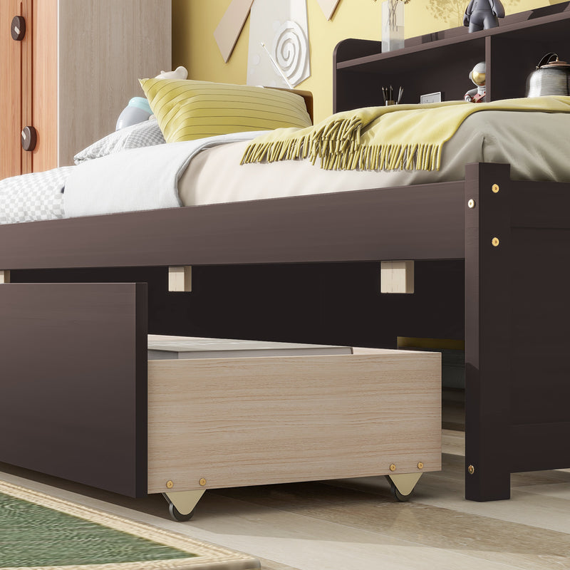 Twin Bed with Side Bookcase, Drawers ,Espresso