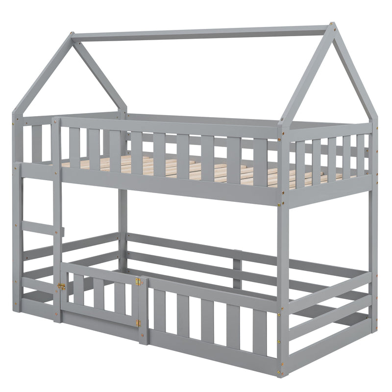 Twin Over Twin House Bunk Bed With Fence And Door - Gray