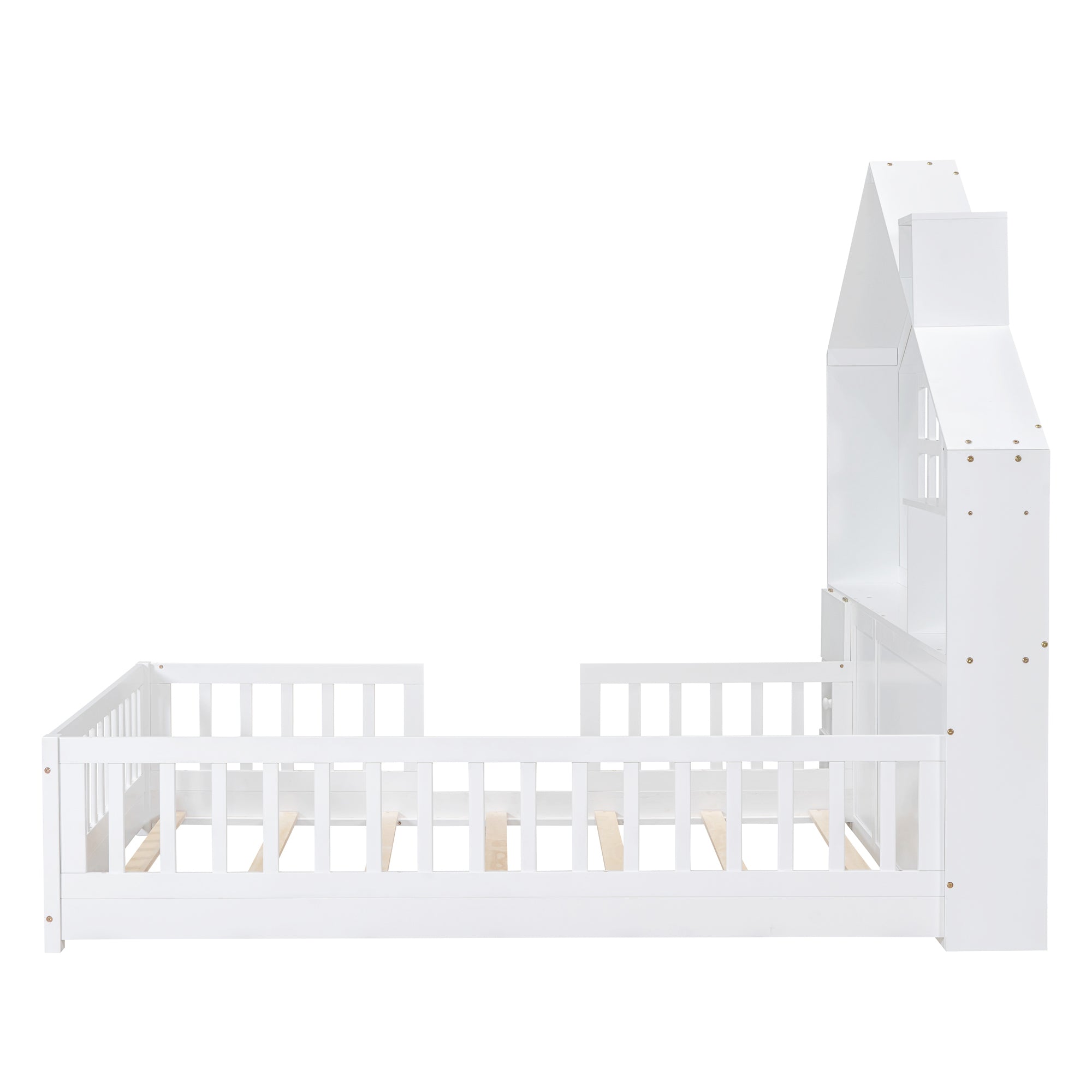 Full Size House Bed with Window and Bedside Drawers, Platform Bed with Shelves and a set of Sockets and USB Port, White