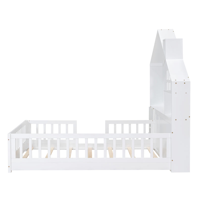 Full Size House Bed with Window and Bedside Drawers, Platform Bed with Shelves and a set of Sockets and USB Port, White