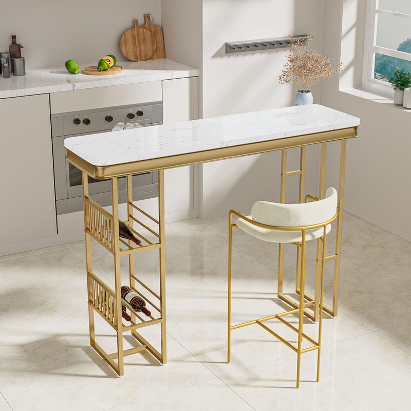 Modern Straight Bar Table With Shelves - White / Gold