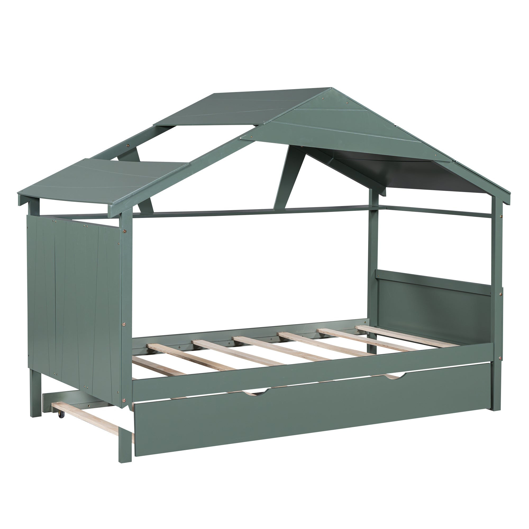 Wood Twin Size House Bed with Trundle and Storage, Green - Atlantic Fine Furniture Melbourne FL