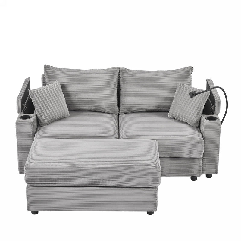 Modern Style Loveseat Sofa Sectional Sofa Couch With Storage Space, A Movable Ottoman, Two USB Ports, Two Cup Holders, A Phone Holder For Living Room