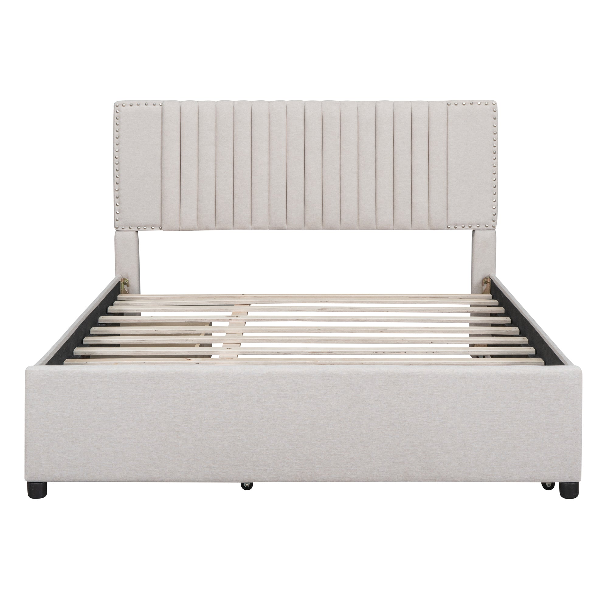 Queen Size Upholstered Platform Bed with 2 Drawers and 1 Twin XL Trundle, Classic Headboard Design, Beige - Atlantic Fine Furniture Melbourne FL
