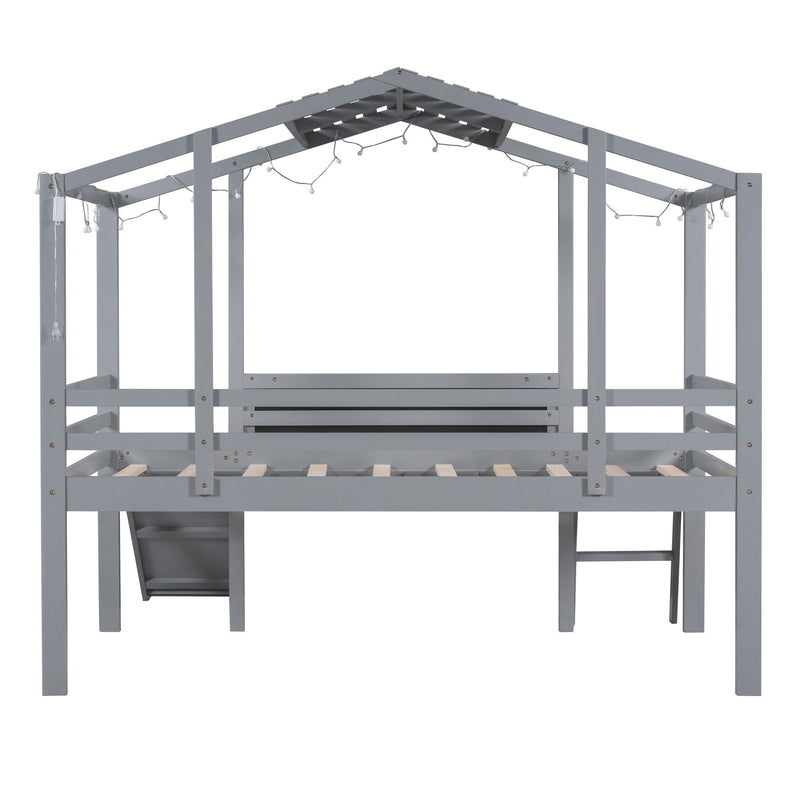 Loft House Bed With Ladder And Slide, With Blackboard And Light Strip On The Roof