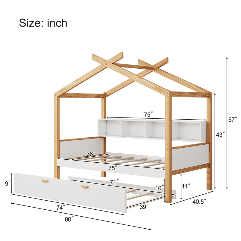 Wooden House Bed Original Wood Colored Frame With Bookshelf Storage Space