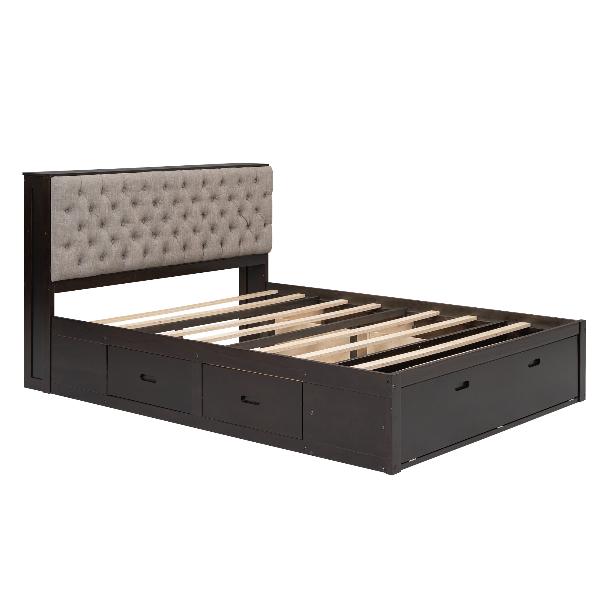 Wood Queen Size Platform Bed with Storage Headboard, shoe rack and 4 drawers,Espresso - Atlantic Fine Furniture Melbourne FL