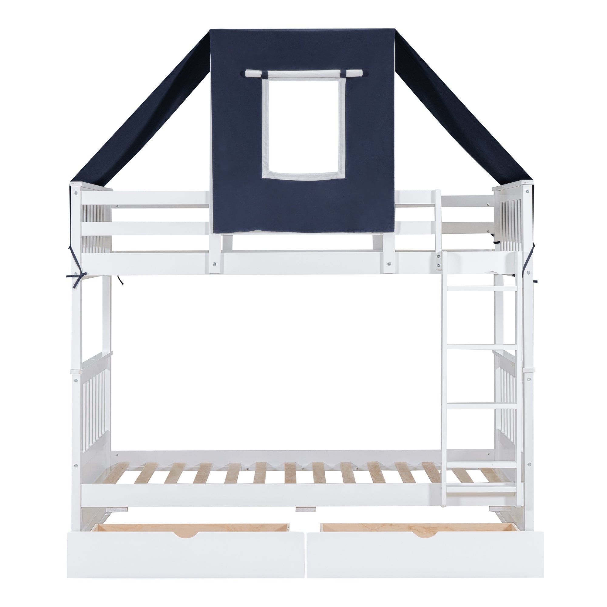Twin Over Twin Bunk Bed Wood Bed with Tent and Drawers, White+Blue Tent - Atlantic Fine Furniture Melbourne FL