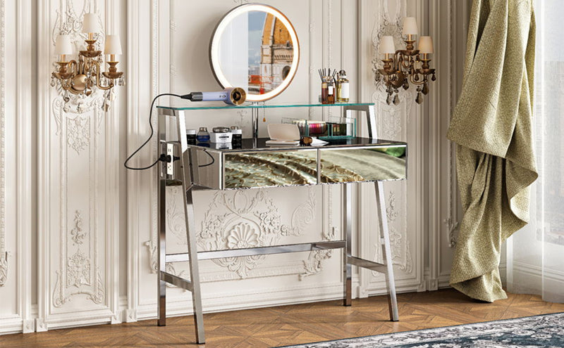33.9" Mirrored Makeup Vanity Desk With Mirror And Lights, Mirrored Console Vanity Table With 2 Big Drawers & Open Shelf, Dressing Table With Charging Station For Bedroom - Silver