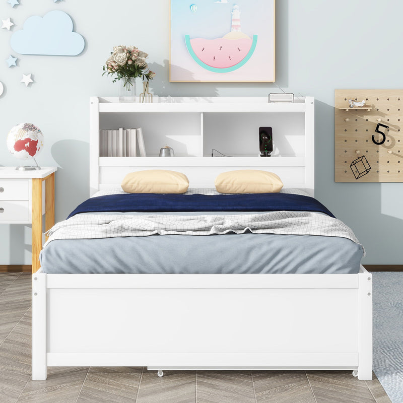 Full Size Platform Bed With Trundle, Drawers, USB Ports And Built In Shelves - White