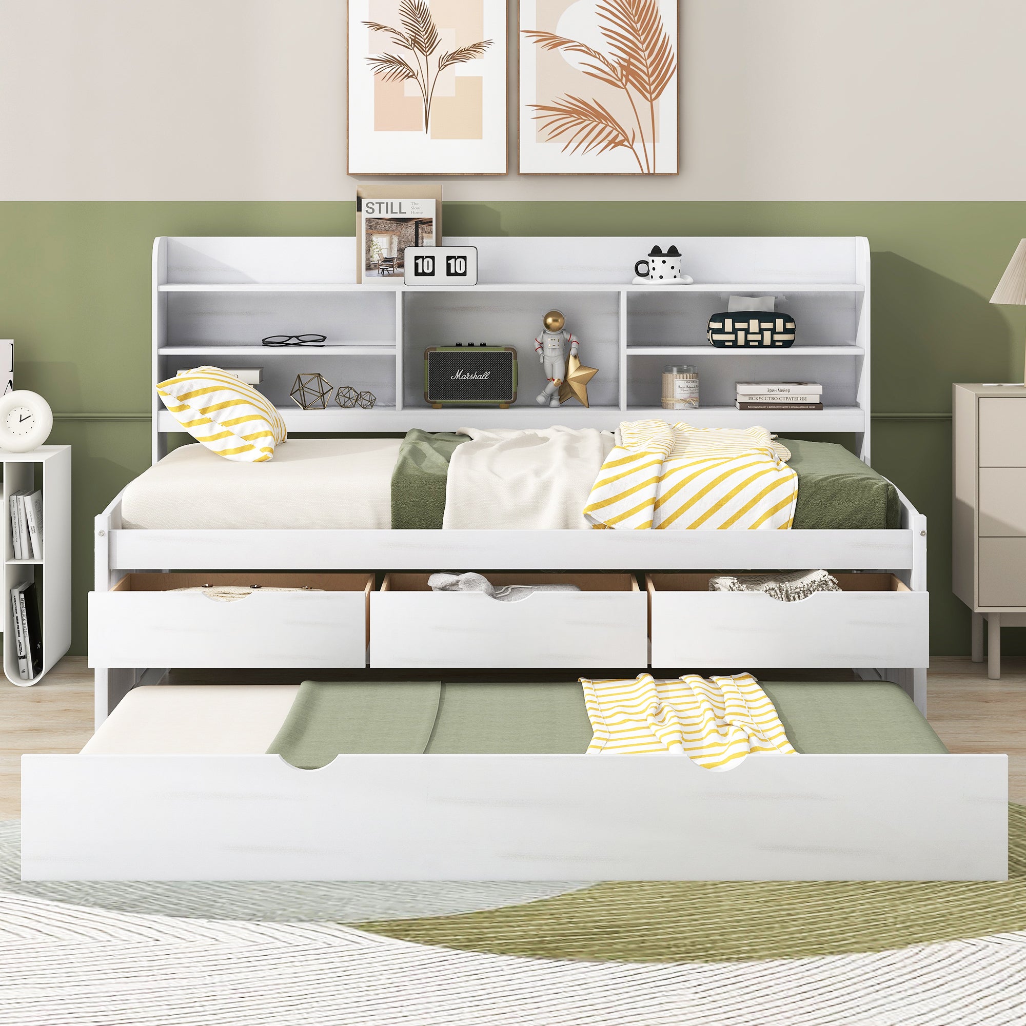 Twin Size Wooden Captain Bed with Built-in Bookshelves,Three Storage Drawers and Trundle, White Wash