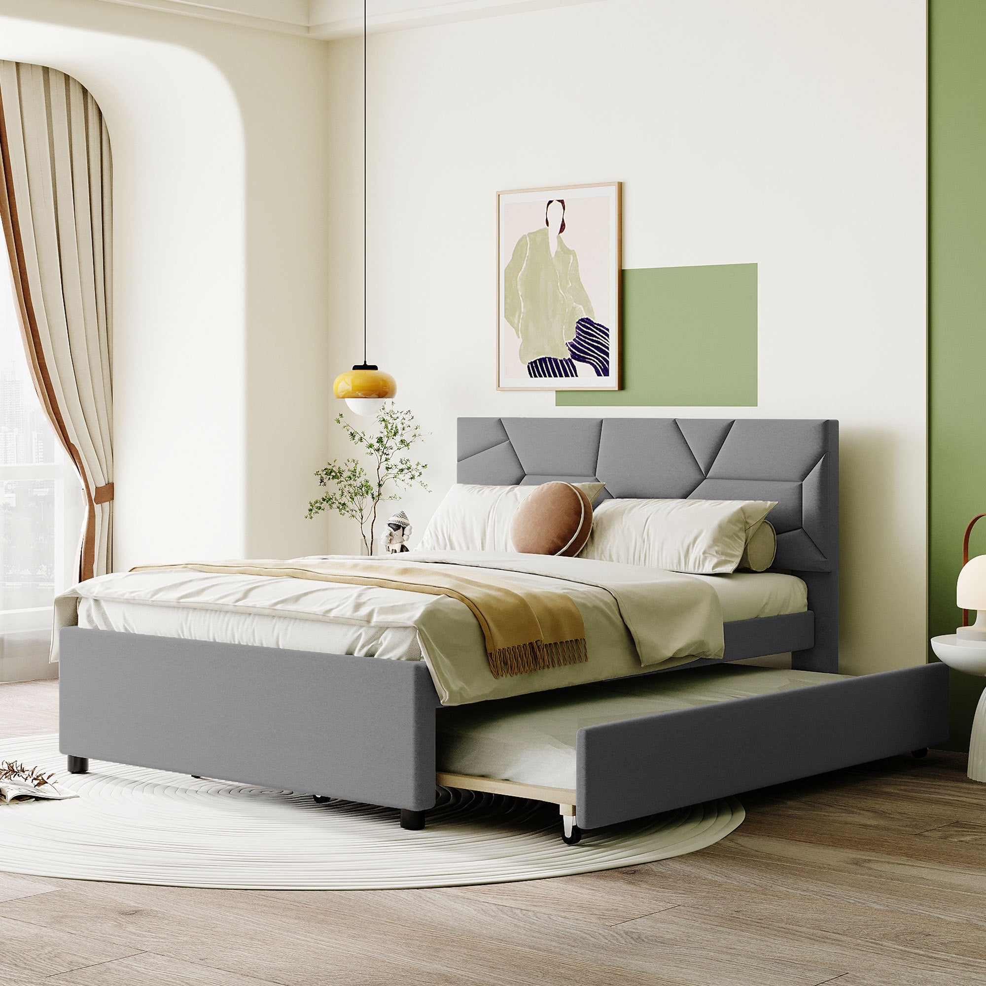 Full Size Upholstered Platform Bed with Brick Pattern Headboard and Twin Size Trundle, Linen Fabric, Gray - Atlantic Fine Furniture Melbourne FL