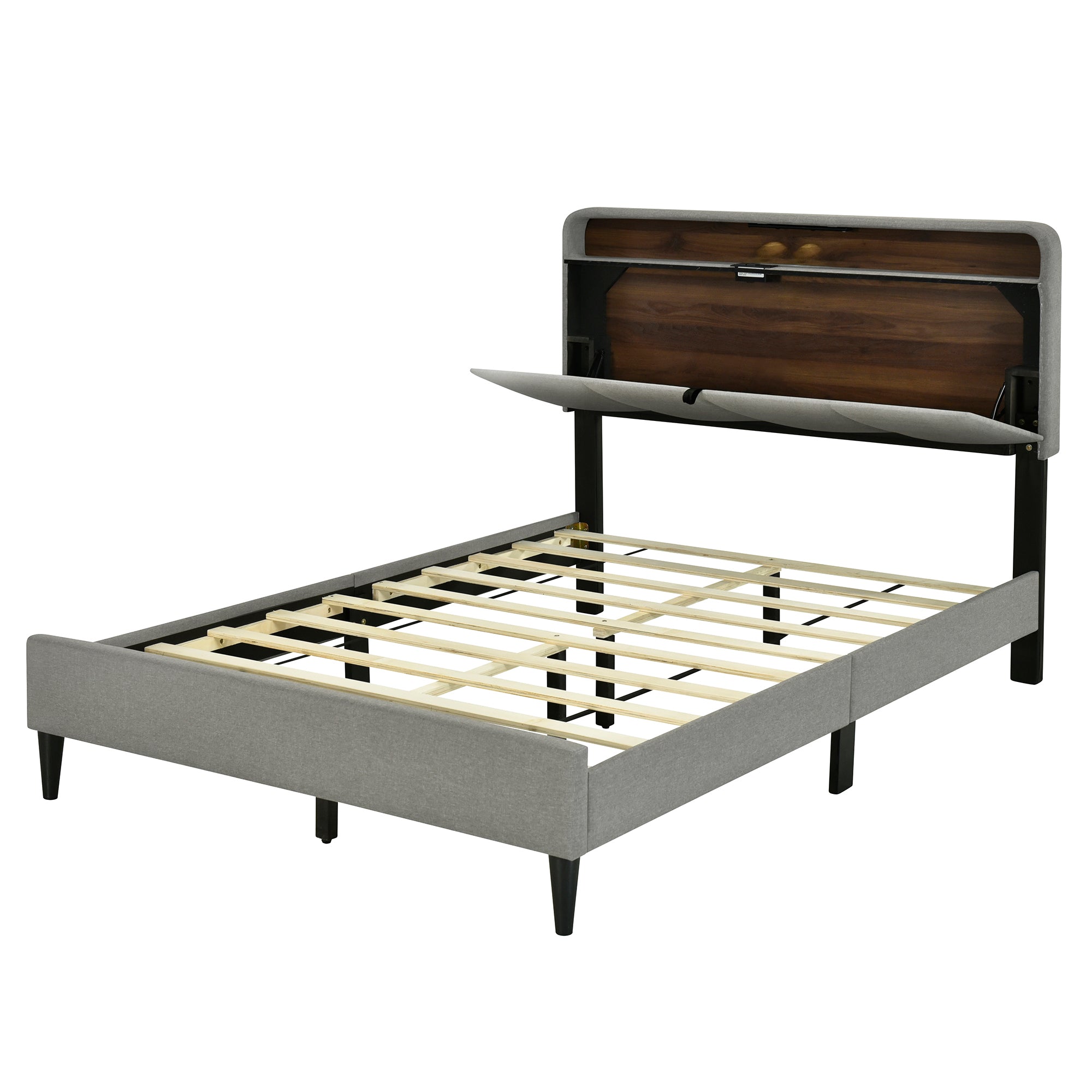 Full size Upholstered Platform Bed with Storage Headboard, Sensor Light and a set of Sockets and USB Ports, Linen Fabric, Gray - Atlantic Fine Furniture Melbourne FL