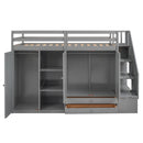Functional Loft Bed with 3 Shelves, 2 Wardrobes and 2 Drawers,  Ladder with Storage, No Box Spring Needed, Gray