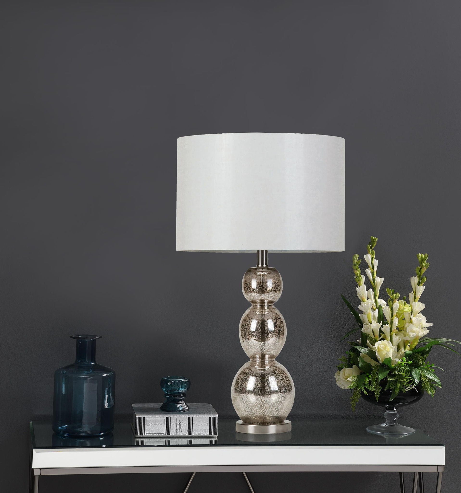 Mineta 27-inch Drum Shade Stacked Table Lamp Antique Silver