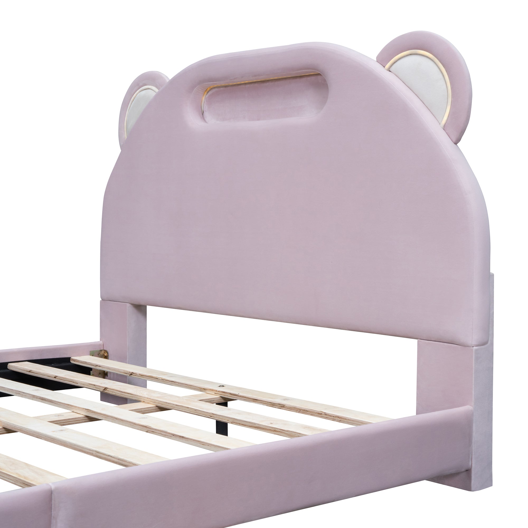 Full Size Upholstered Platform Bed with Bear-Shaped Headboard and Embedded Light Stripe, Velvet, Pink - Atlantic Fine Furniture Melbourne FL