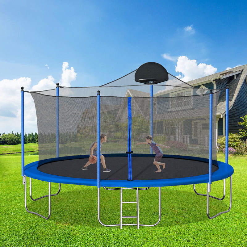 14Ft Trampoline For Adults & Kids With Basketball Hoop, Outdoor Trampolines With Ladder And Safety Enclosure Net For Kids And Adults, Double-Side Color Cover - Blue