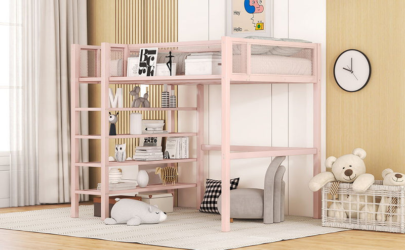 Loft Bed With 4 Tier Shelves And Storage