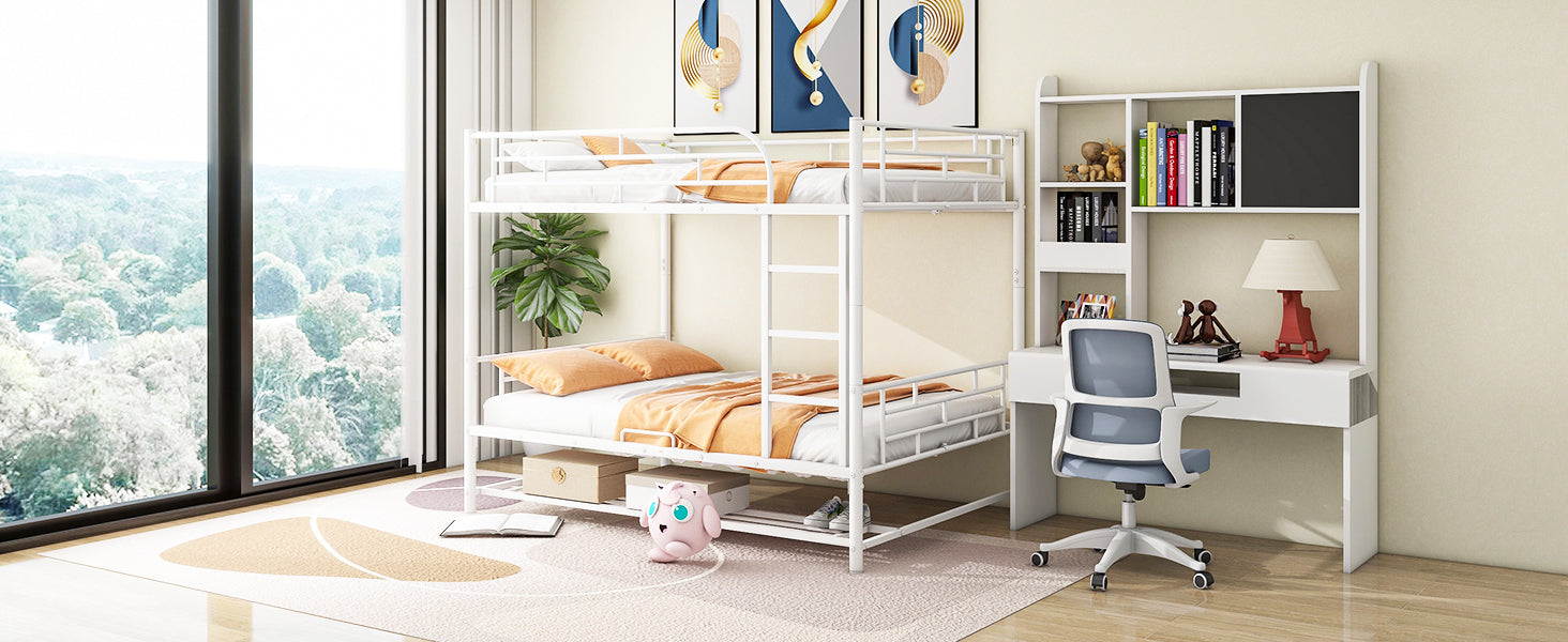 Full Over Full Metal Bunk Bed with Shelf and Guardrails, White - Atlantic Fine Furniture Melbourne FL