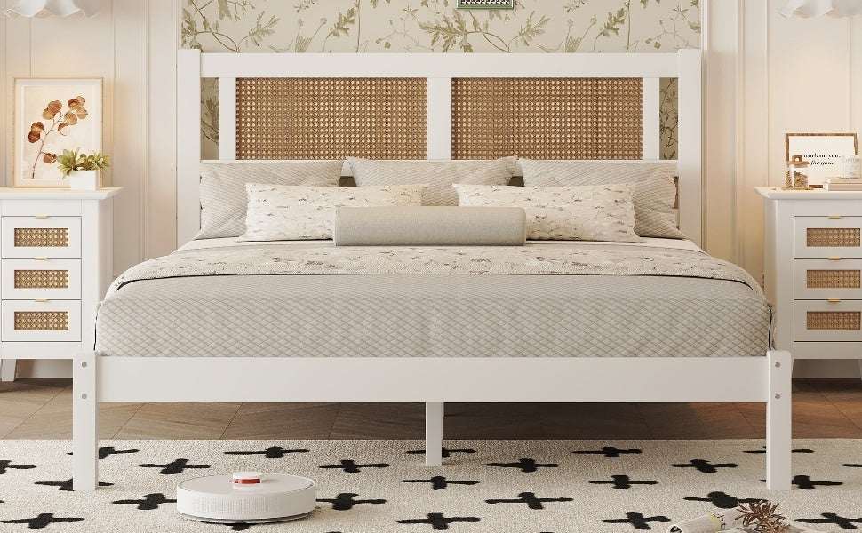 Queen Size Wood Platform Bed with Natural Rattan Headboard,Exquisite Elegance with Minimalist Charm for Bedroom,White - Atlantic Fine Furniture Melbourne FL