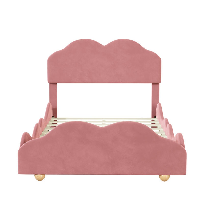 Full Size Upholstered Platform Bed with Cloud Shaped bed board, Dark Pink