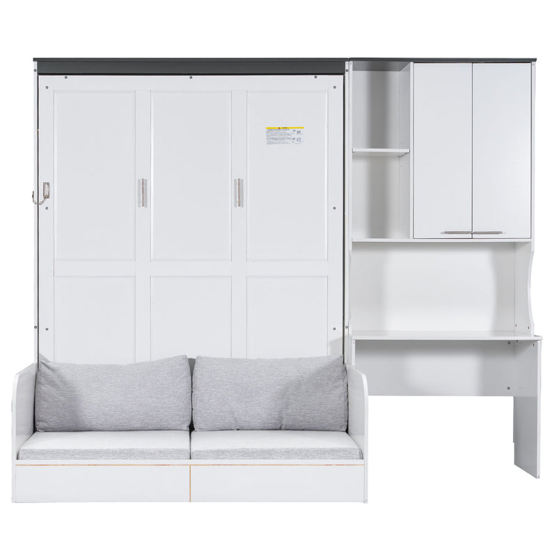 Multi Functional Murphy Bed With Sofa, Desk, And Storage Cabinet, Queen Size - White