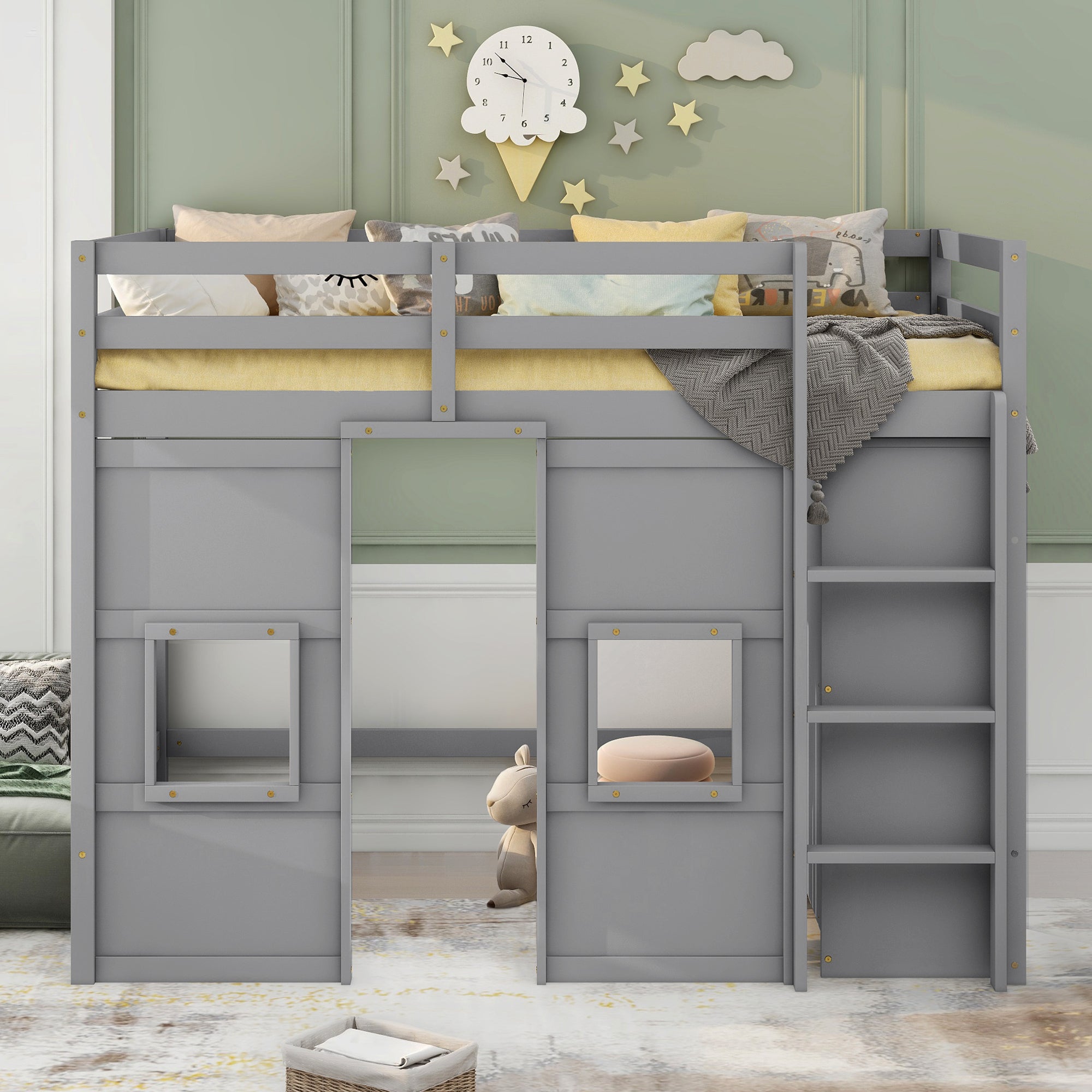 Wood Twin Size Loft Bed with Built-in Storage Wardrobe and 2 Windows, Gray - Atlantic Fine Furniture Melbourne FL