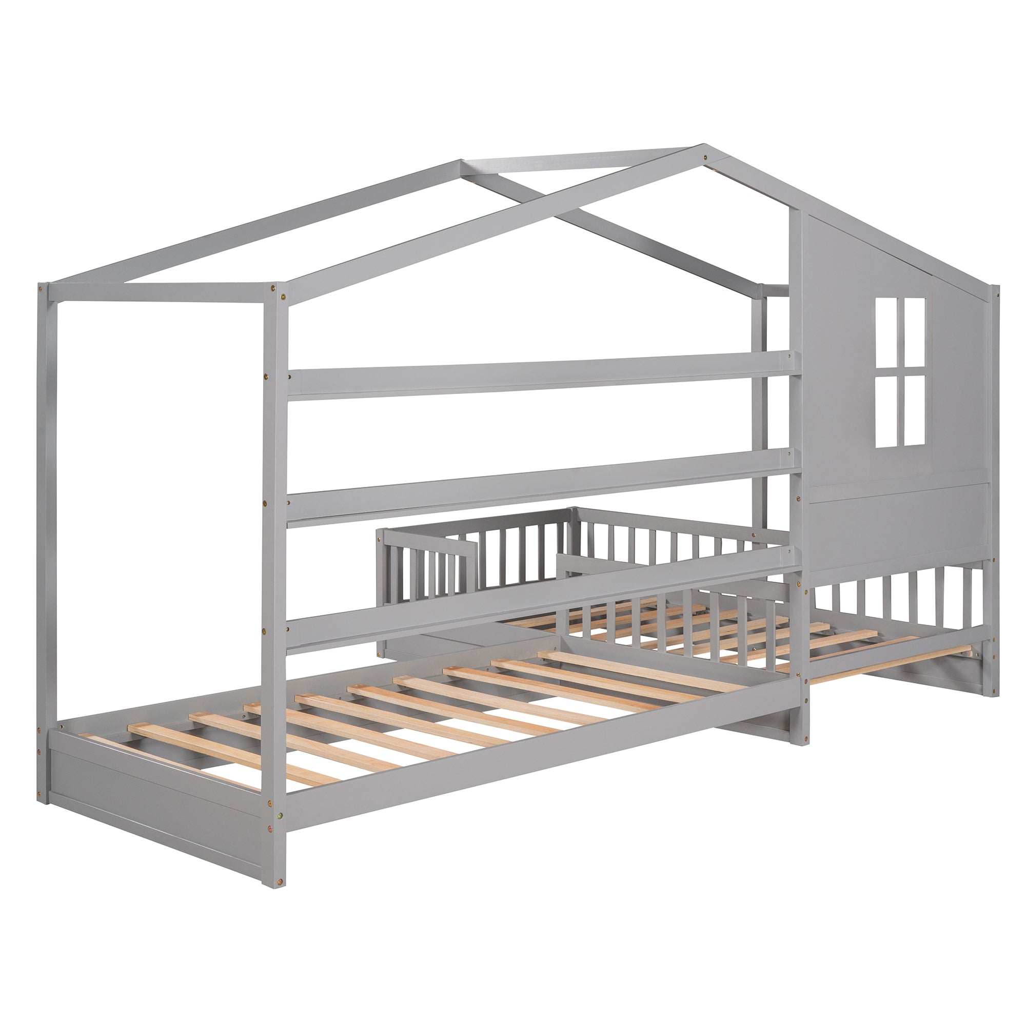 Wood House Bed Twin Size, 2 Twin Solid Bed L structure with fence and slatted frame (Gray) - Atlantic Fine Furniture Melbourne FL