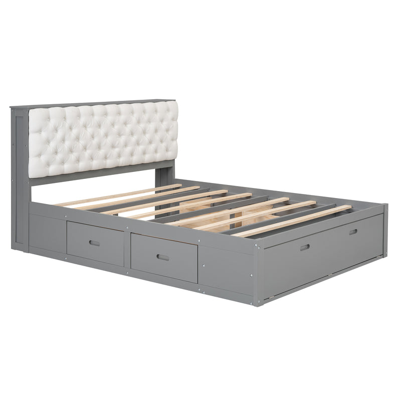 Wood Queen Size Platform Bed with Storage Headboard, shoe rack and 4 drawers,Gray