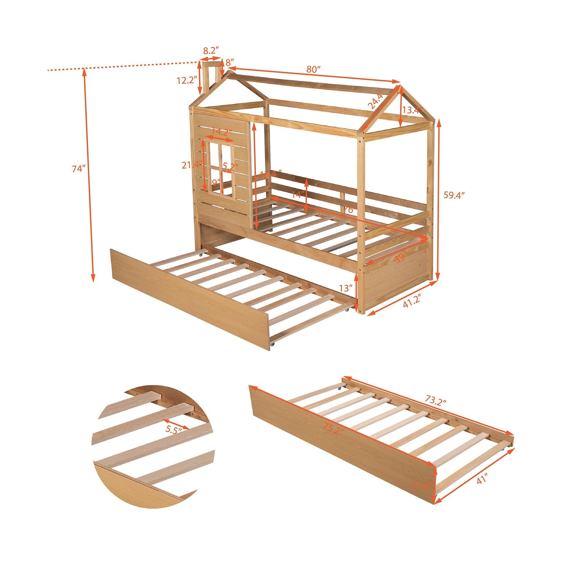 Twin Size House Bed Wood Bed with Twin Size Trundle ( Natural ) - Atlantic Fine Furniture Melbourne FL