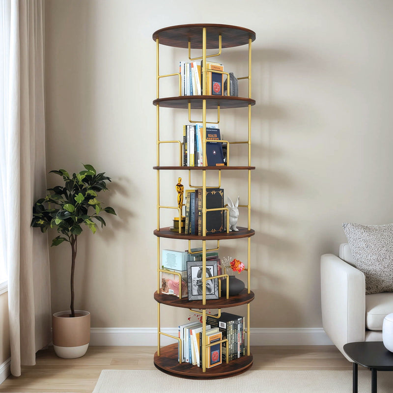 5 Tier 360 Rotating Bookshelf, Display Round Floor Standing Swivel Bookcase For Bedroom - Golden