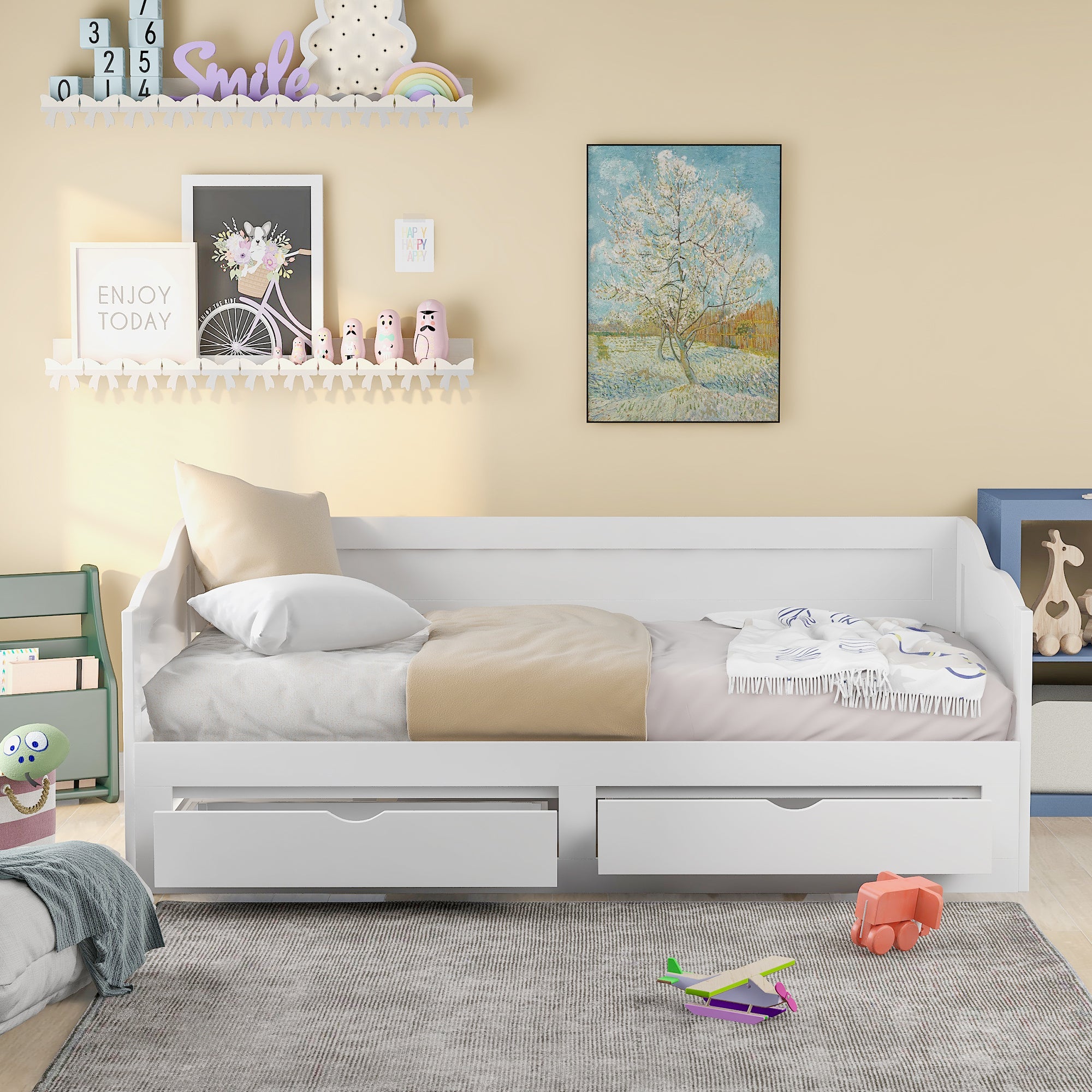 Wooden Daybed with Trundle Bed and Two Storage Drawers , Extendable Bed Daybed,Sofa Bed with Two Drawers, White