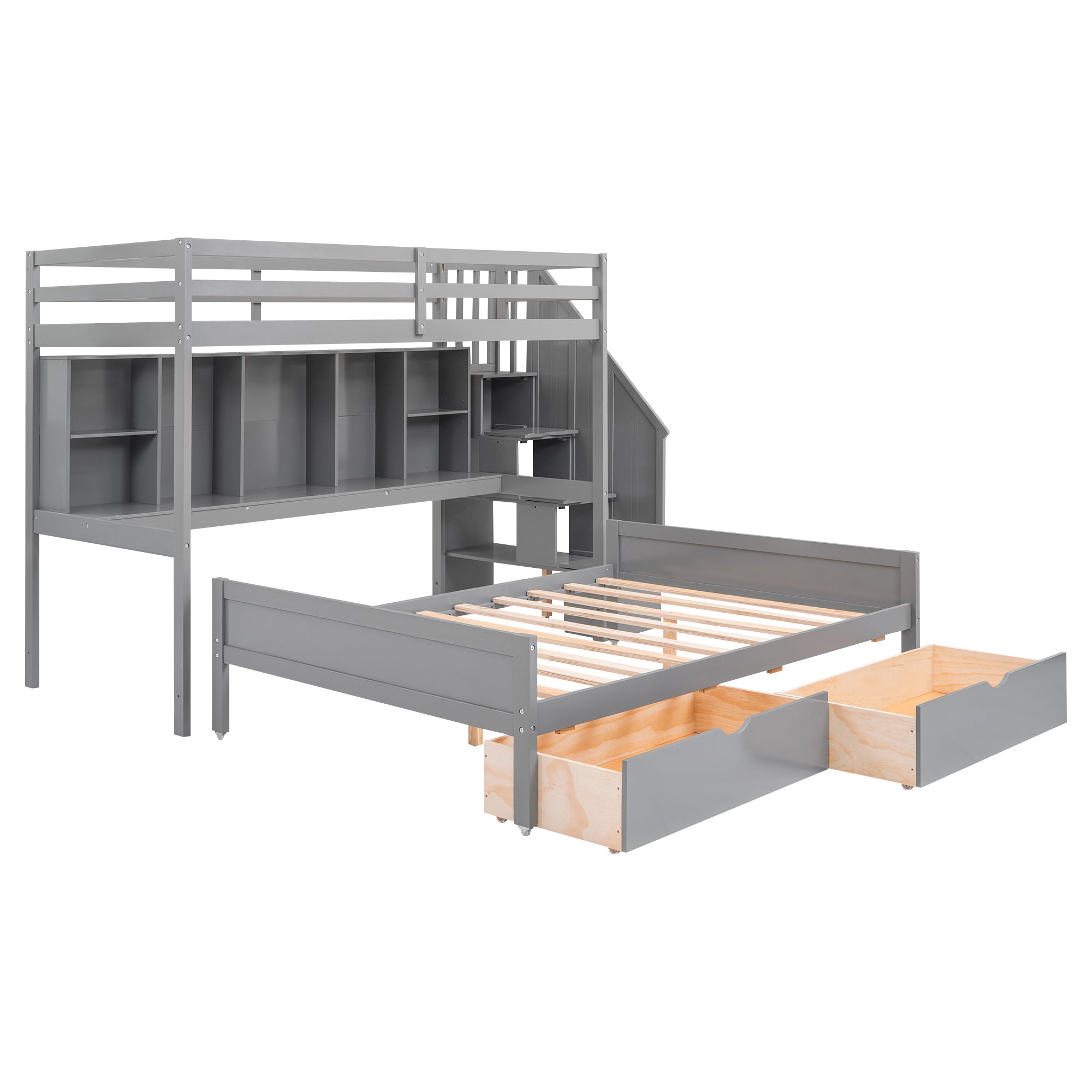 Twin XL over Full Bunk Bed with Built-in Storage Shelves, Drawers and Staircase,Gray - Atlantic Fine Furniture Melbourne FL