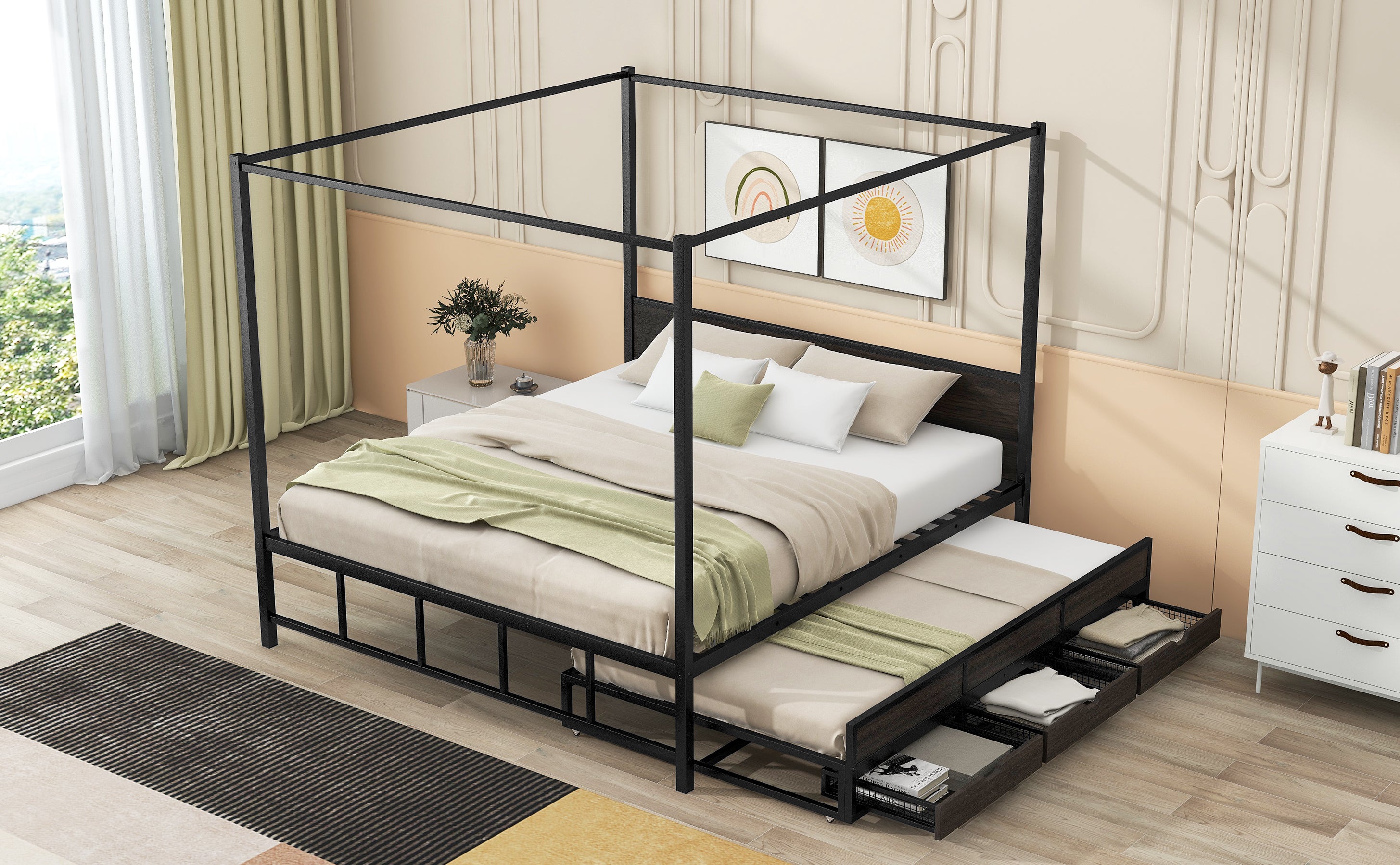 Queen Size Metal Canopy Platform Bed with Twin Size Trundle and 3 Storage Drawers, Black - Atlantic Fine Furniture Melbourne FL