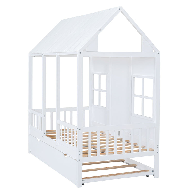 Twin Size Wood House Bed With Twin Size Trundle Wooden Daybed - White