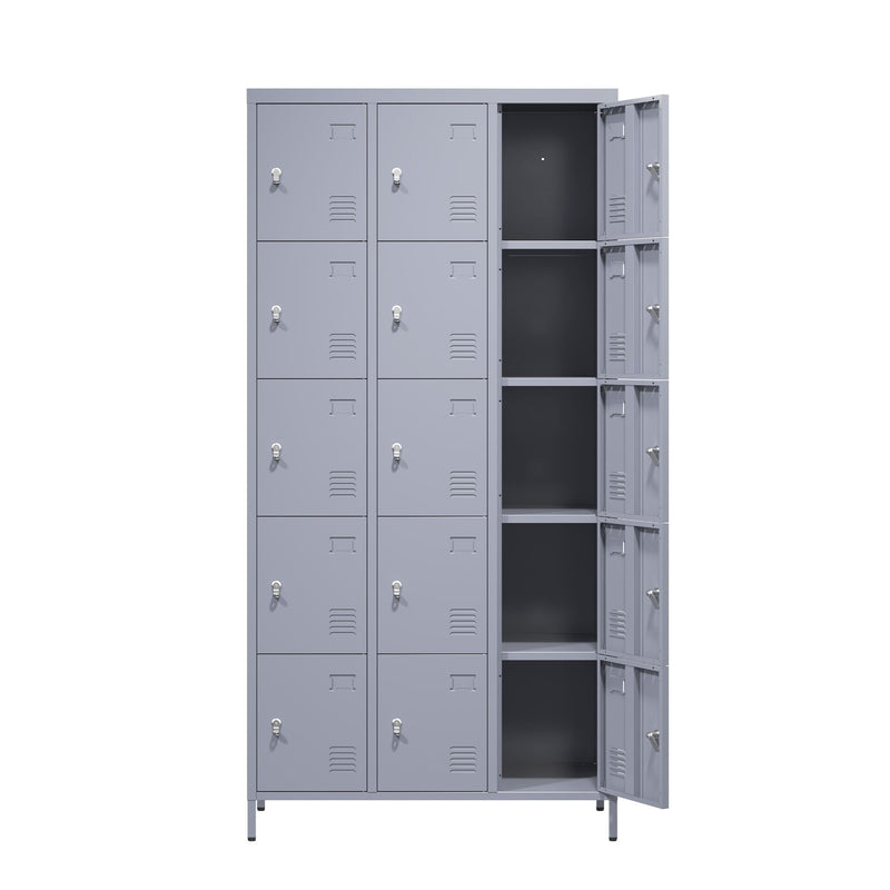 15 Door Lockers With Lock For Storage In Home, Gym, Office, And School - Gray