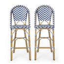Outdoor Rattan French Barstool Set,, Bamboo, Seat Height - Navy Blue / White
