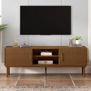 TV Stand With Vertical Slatted Doors And Sliding Panels, Solid Wood Legs - Brown