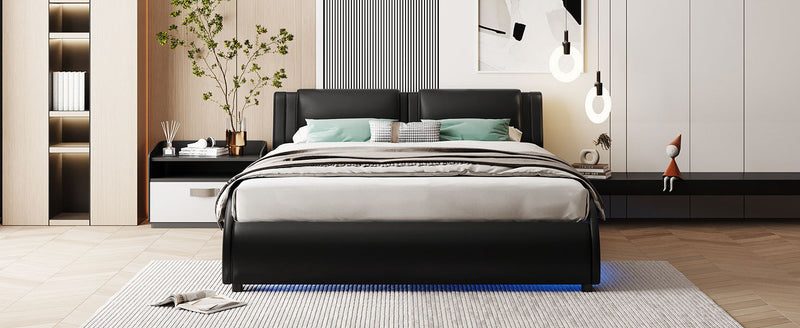 Full Size Upholstered Faux Leather Platform Bed with LED Light Bed Frame with Slatted - Black