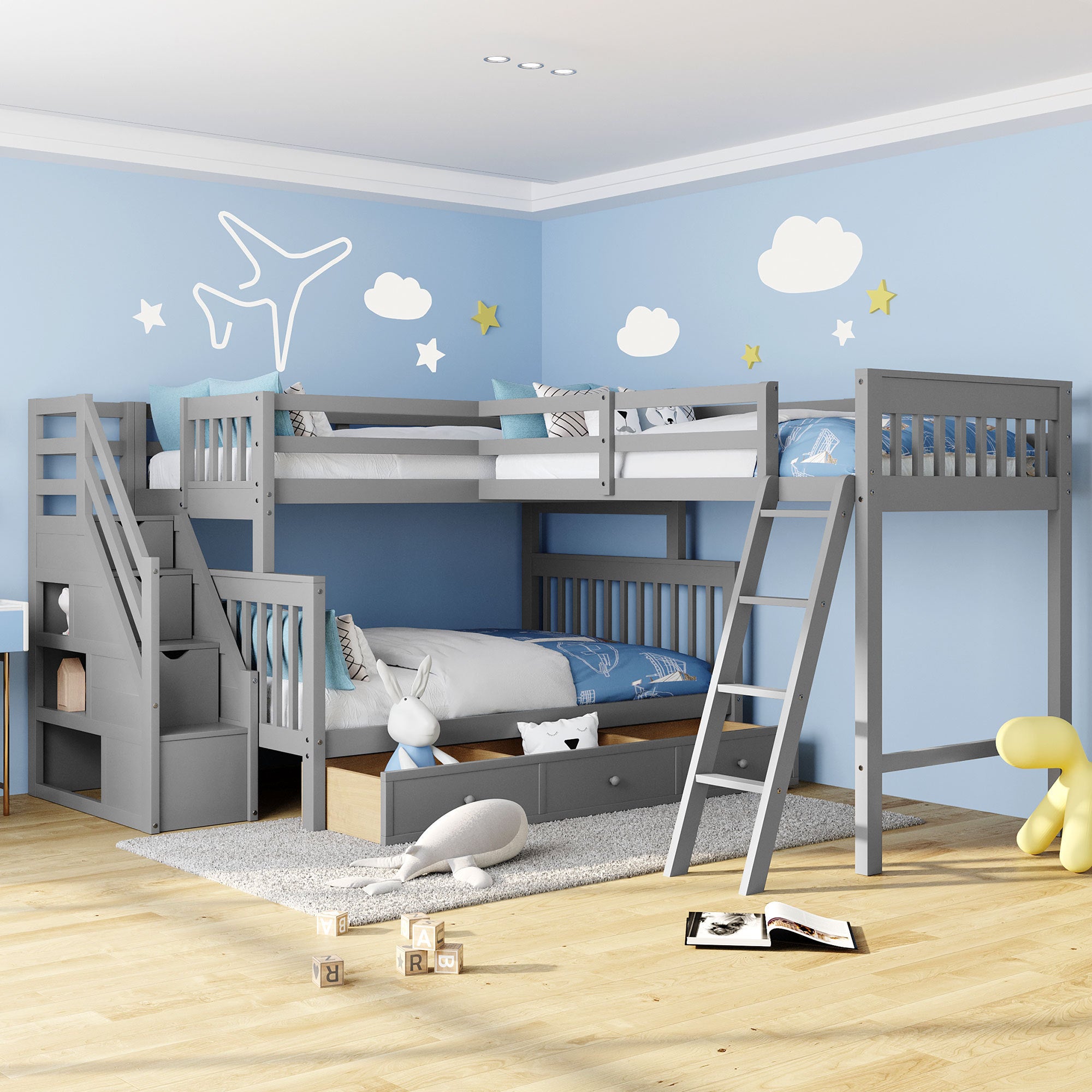 Twin over Full L-Shaped Bunk Bed With 3 Drawers, Ladder and Staircase - Gray - Atlantic Fine Furniture Melbourne FL