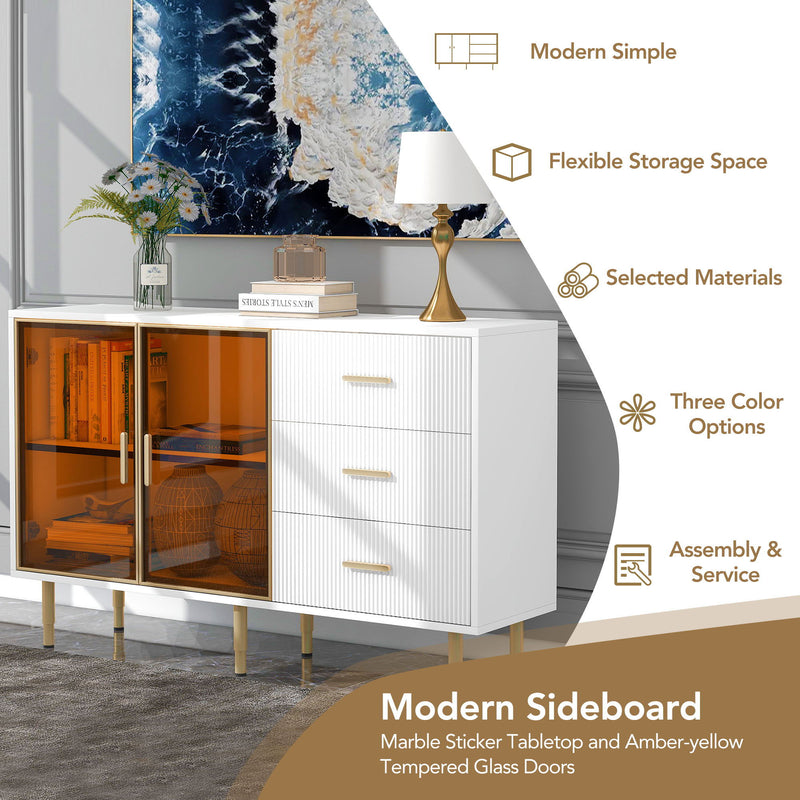 Modern Sideboard Buffet Cabinet Marble Sticker Tabletop And Amber-Yellow Tempered Glass Doors With Gold Metal Legs & Handles