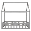 Full Size Wood House Bed with Fence and Door, Gray Wash