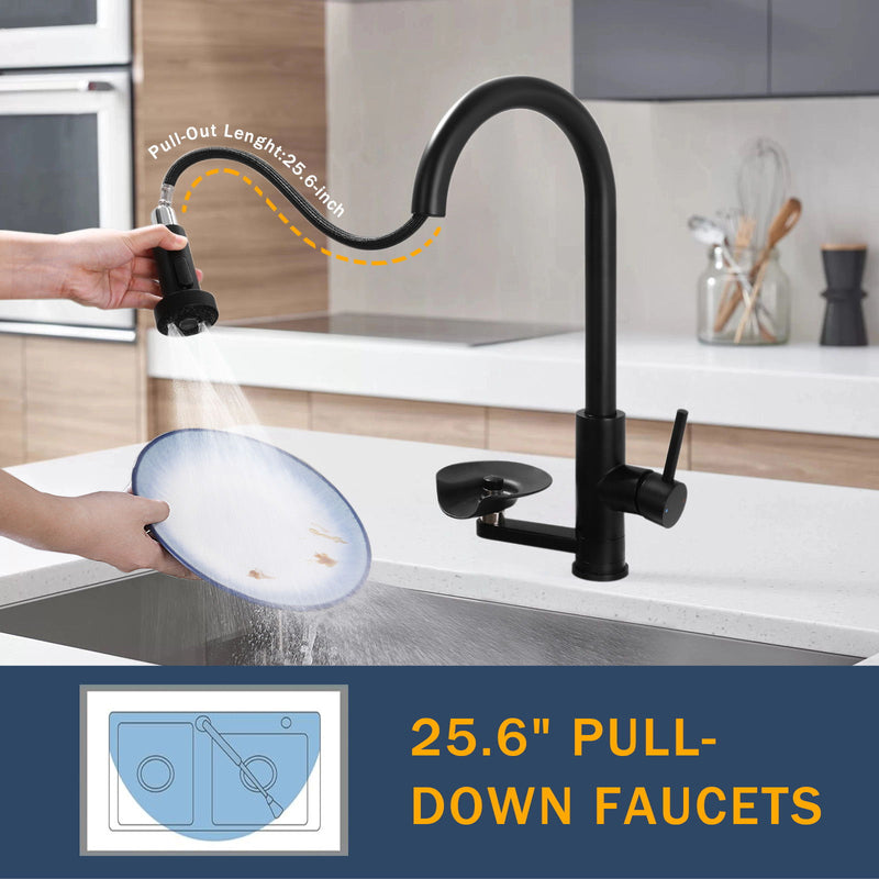 3 In 1 Kitchen Faucet With Press Type Glass Rinser, High Arc Pull Down Sprayer
