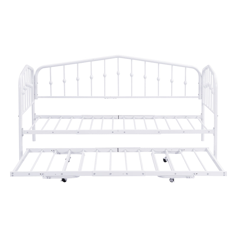 Twin Size Stylish Metal Daybed with Twin Size Adjustable Trundle, Portable Folding Trundle, White