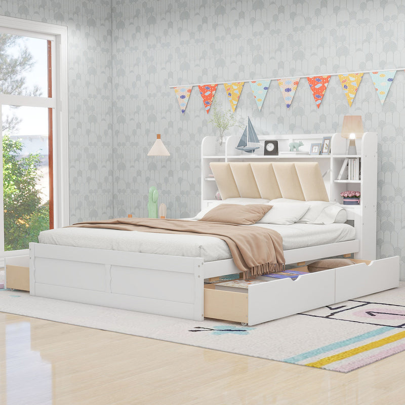 Wood Queen Size Platform Bed with Storage Headboard, Shelves and 4 Drawers, White