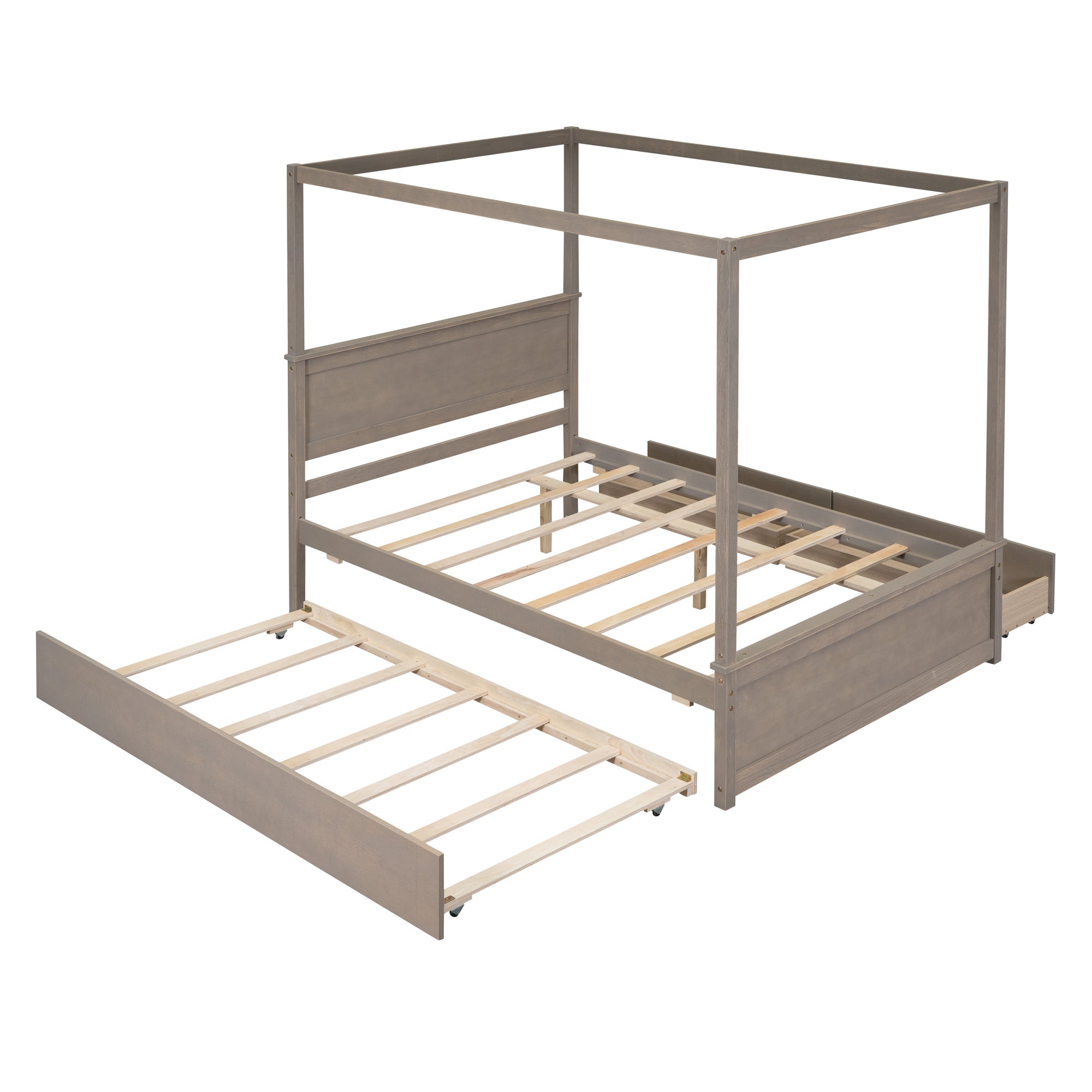 Wood Canopy Bed with Trundle Bed and two Drawers ,Full Size Canopy Platform bed With Support Slats .No Box Spring Needed, Brushed Light Brown - Atlantic Fine Furniture Melbourne FL