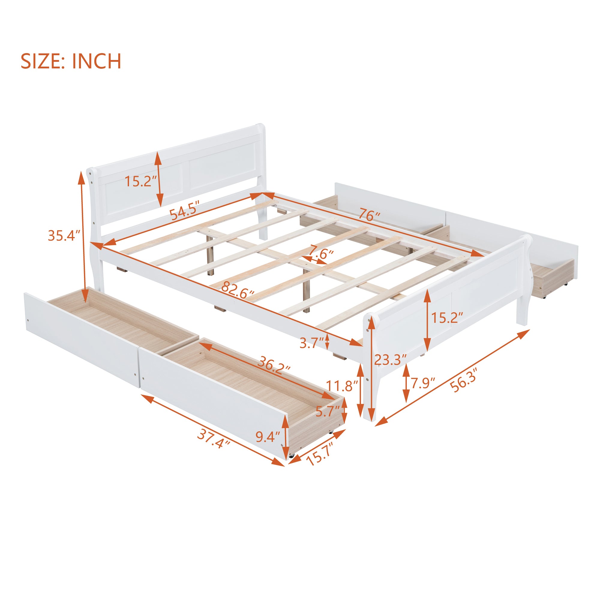 Full Size Wood Platform Bed with 4 Drawers and Streamlined Headboard & Footboard, White - Atlantic Fine Furniture Melbourne FL