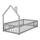 Twin House-Shaped Headboard Floor Bed with Fence,Grey