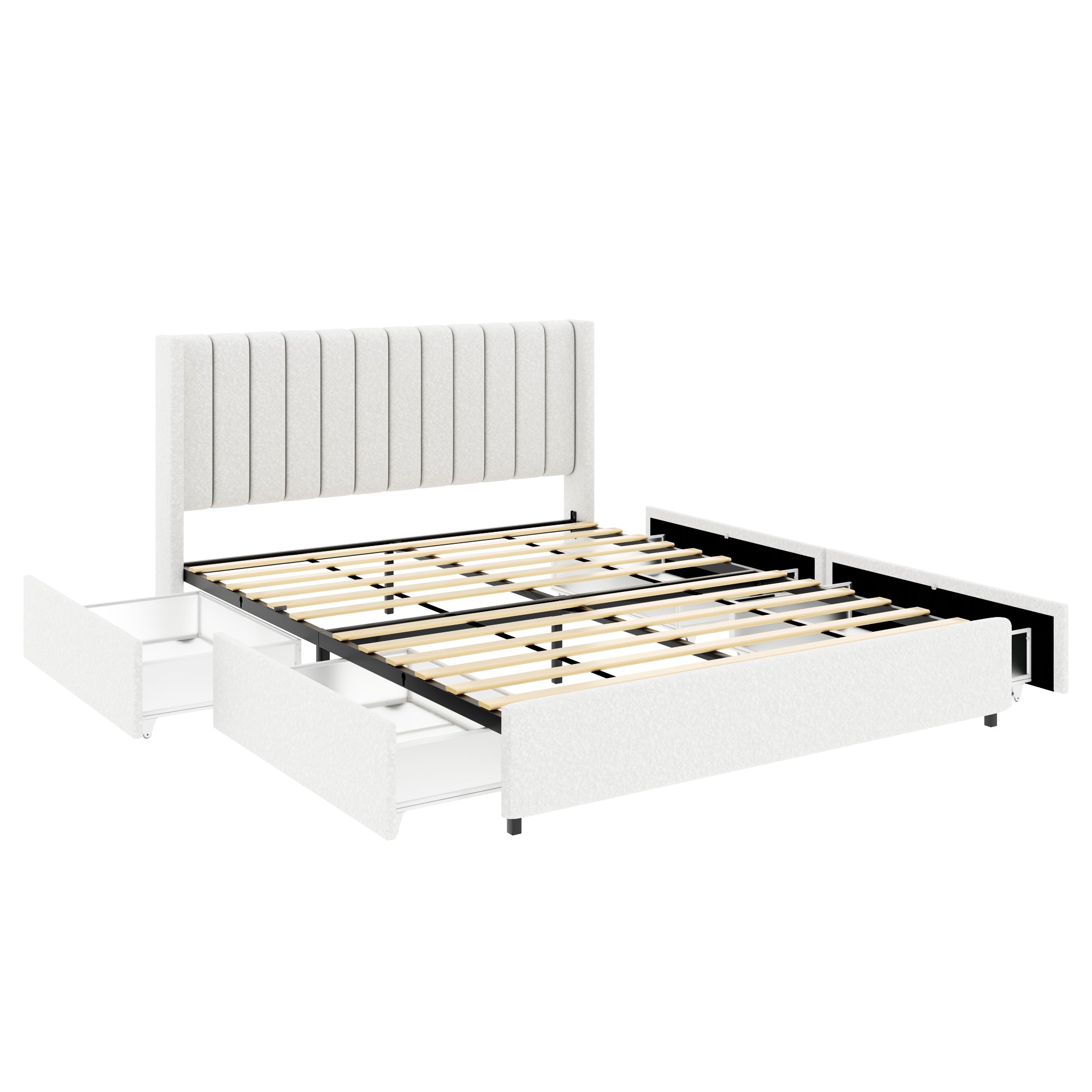 Anda Queen Size Ivory Boucle Upholstered Platform Bed with Patented 4 Drawers Storage, Tufted Headboard, Wooden Slat Mattress Support, No Box Spring Needed. - Atlantic Fine Furniture Melbourne FL